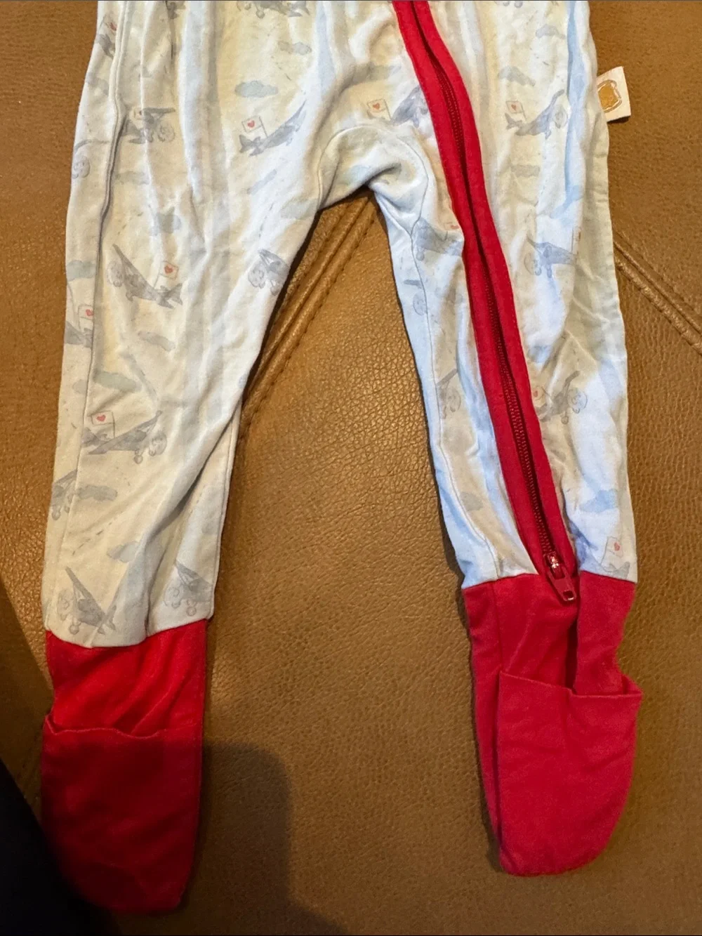 Toast + Jams Cream Airplane Footie with Red bamboo stretch pajamas 2 way zip